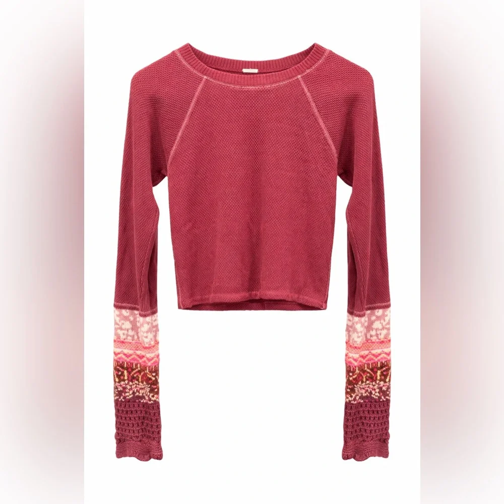 Free People Cropped Thermal Top | Contrast Knit Sleeves | Burgundy | Size S